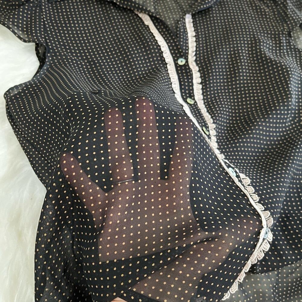 NEW Max Studio Silk Polka Dot Lace Trim Flutter Cap Sleeve Sheer Blouse S NWOT - Picture 8 of 16